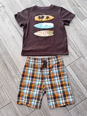 2 Piece Set! Gymboree Brown/Orange Surfboard Shirt/Short Set Boy Size 4